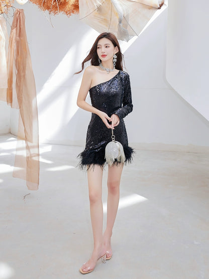 DOLLY Luxury Black Slopping Shoulder Long Sleeve Short Feather Dress-CAITTRIONA