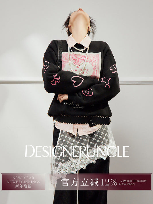 DGU×LAB "Star Dance" black fleece sweatshirt love print crew neck top - MAH