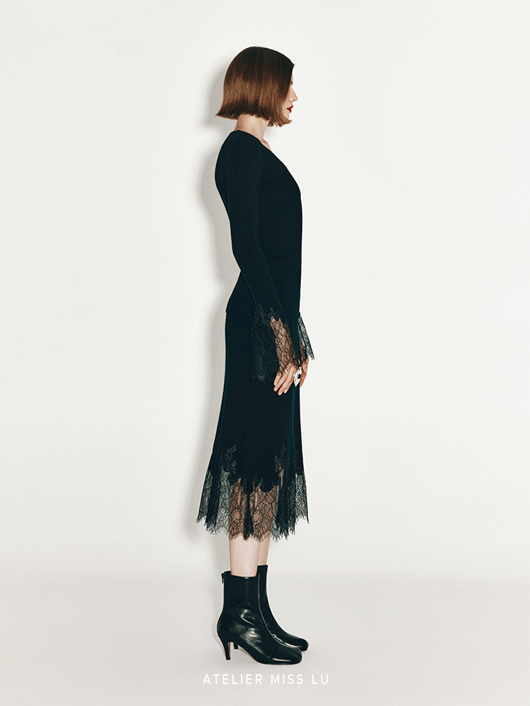 ATELIER MISS LU Fall/Winter elongated lace panelled cashmere wool skirt - ESTI