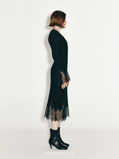 ATELIER MISS LU Fall/Winter elongated lace panelled cashmere wool skirt - ESTI