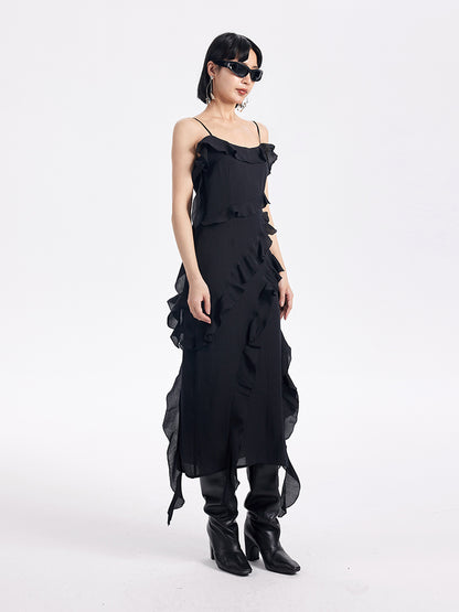 TINY IN ruffled side slit midi slip dress -KAKA