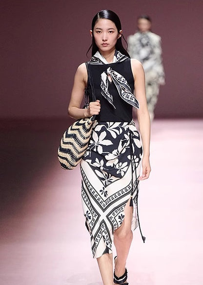 COMME MOI  black and white printed slit hip skirt - JENIFER.