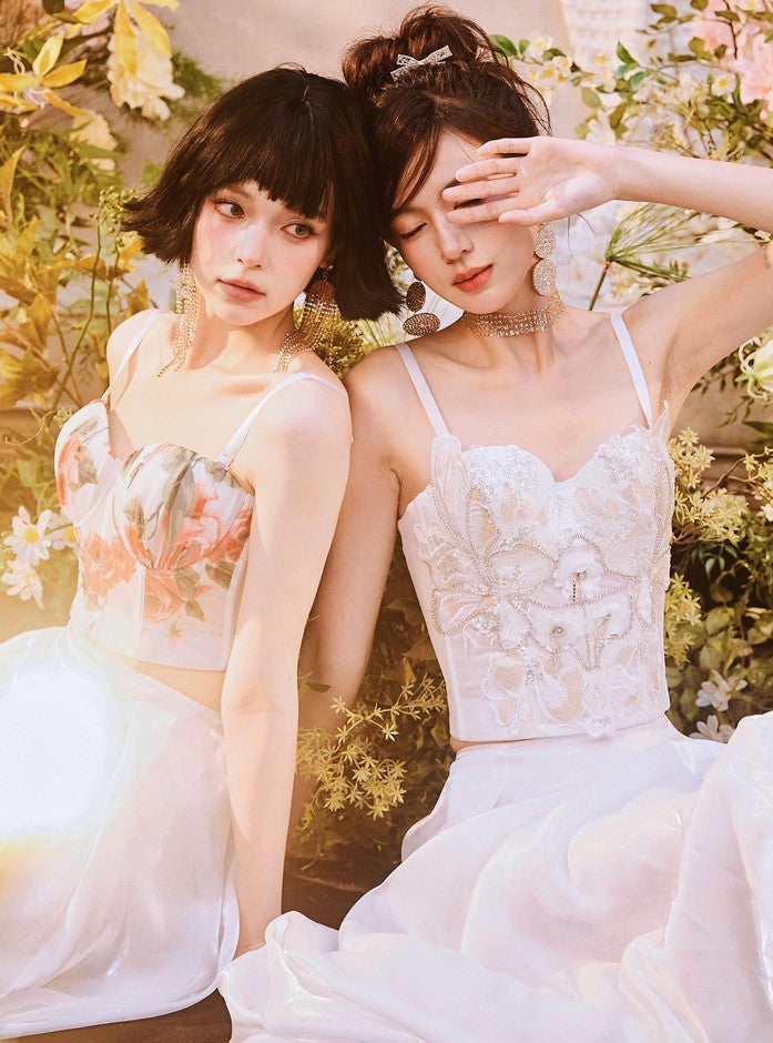 DOLLY Elegant White Natural Waist Flower Bud Long Chic Skirt-CYNTHIA  (V)