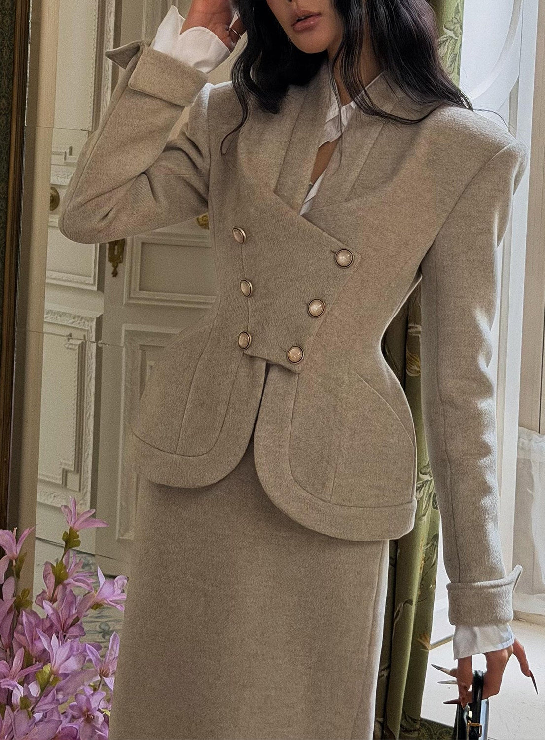 MEI SANGUAN Beige Gray Double-Breasted Jacket & Midi Skirt Suit - ETHAN