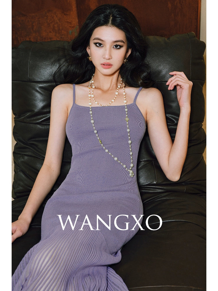 WANGXO | High-Quality Linen Tulle Temperament Suspender Fishtail Dress-LÉYA.