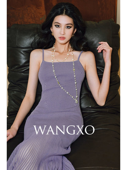 WANGXO | High-Quality Linen Tulle Temperament Suspender Fishtail Dress-LÉYA.