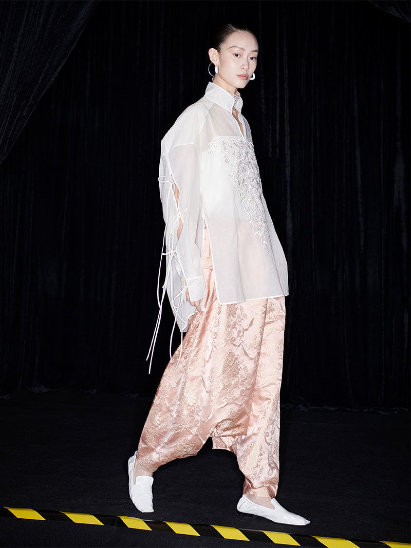 M essential Mackay designer soft-paper pale overshirt with pavement embroidery - serious.