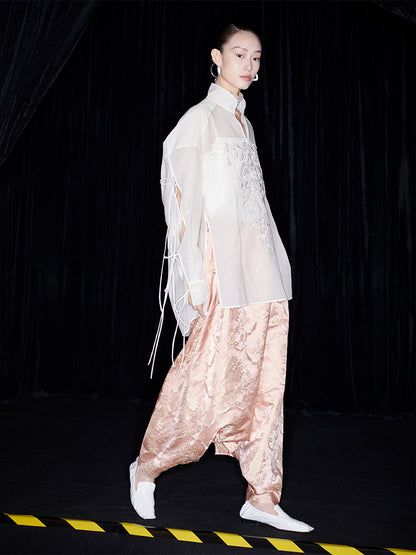 M essential Mackay designer soft-paper pale overshirt with pavement embroidery - serious.