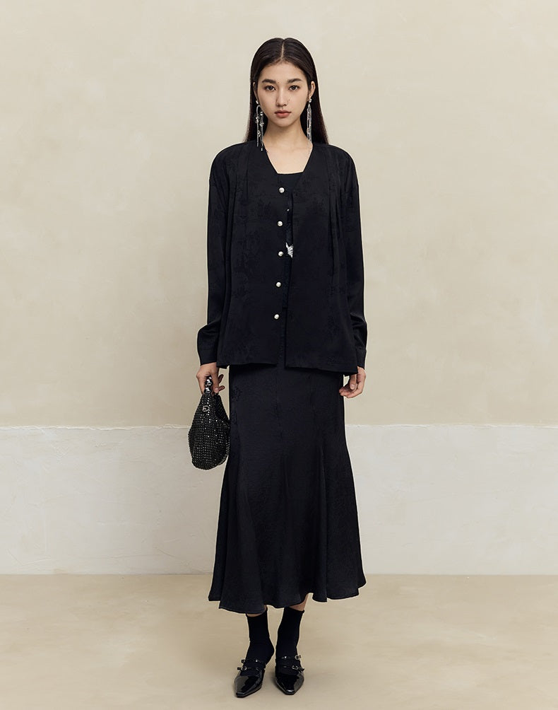 HECO Shan Ting Acetate Jacquard Suit Loose black yellow Top Pants Women - favour.