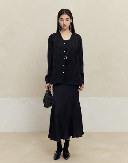 HECO Shan Ting Acetate Jacquard Suit Loose black yellow Top Pants Women - favour.