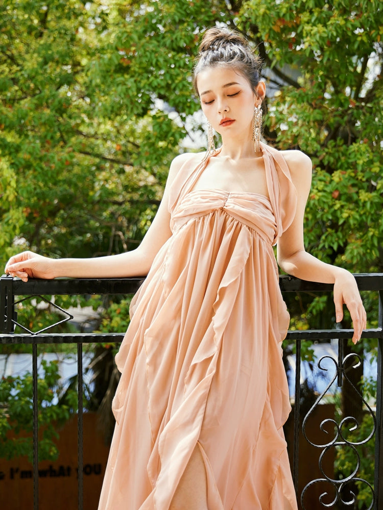 DOLLY Luxury Peach French Style Halter Neck Sleeveless Chiffon Flowing Dress-EVE