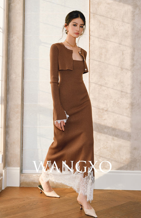 WANGXO | Modal Embroidered Carved Lace Shoulder Cardigan & Waist Dress-LENA.