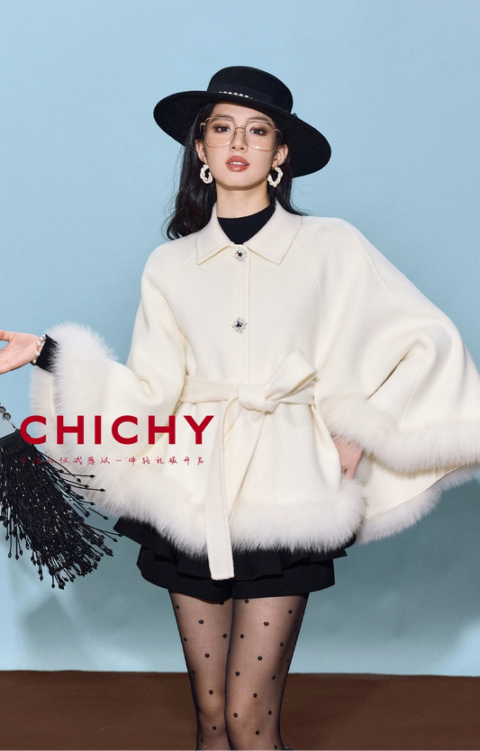 CHICHY white high-end loose reversible woolen cape coat-DOMI