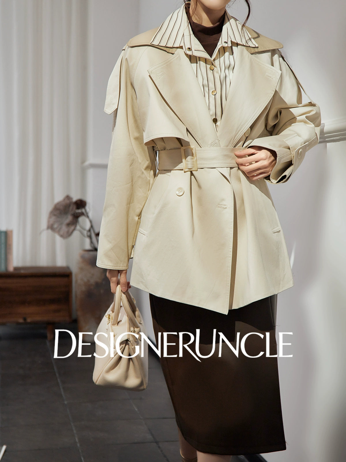 DGU "Curtain Walk" khaki long trench British style waist design jacket - Davina.