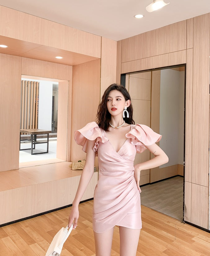 DOLLY Elegant V-Neck Short Flying Sleeve Hip Wrap Short Dinner Date Dress-KELA