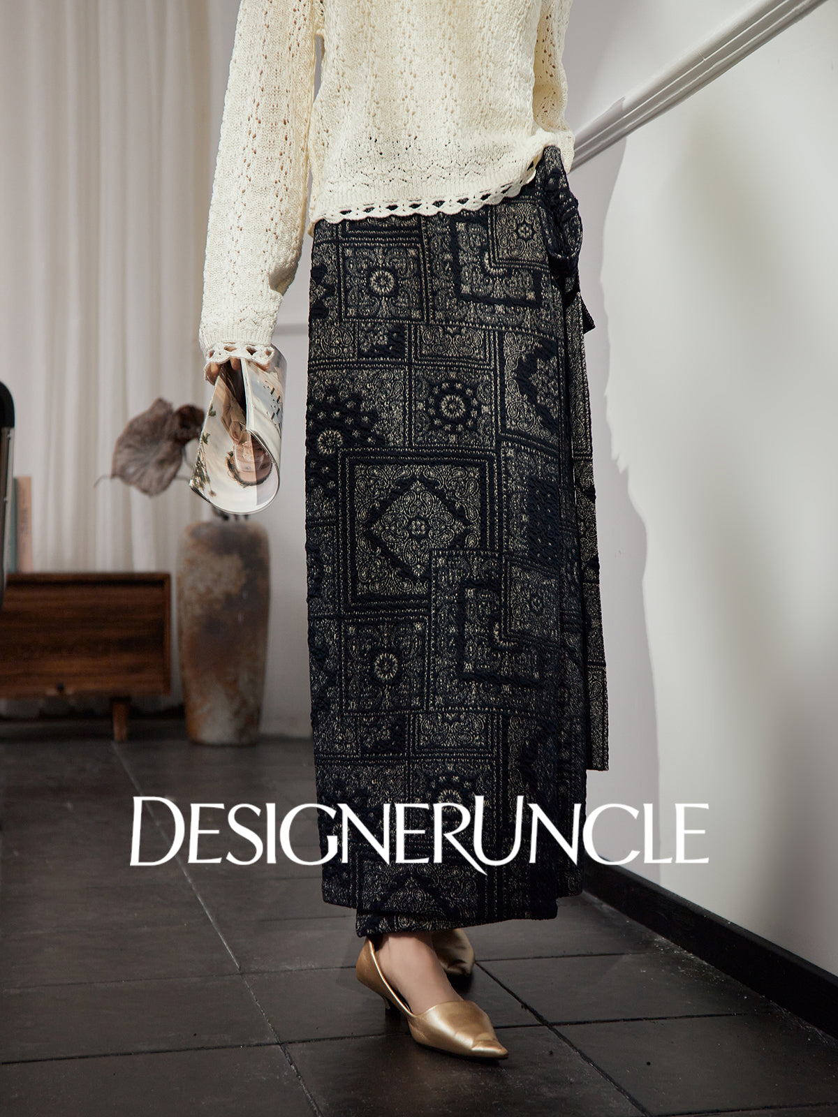 DGU|Dark Blue Printed Retro Lazy Style Design High-waisted A-Line Skirt - Antonio.