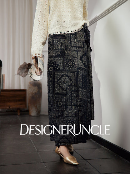 DGU|Dark Blue Printed Retro Lazy Style Design High-waisted A-Line Skirt - Antonio.