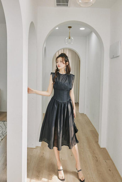 DOLLY High End Black Retro Flying Sleeve Pleated High Waist Midi Office Dress-BRANCA