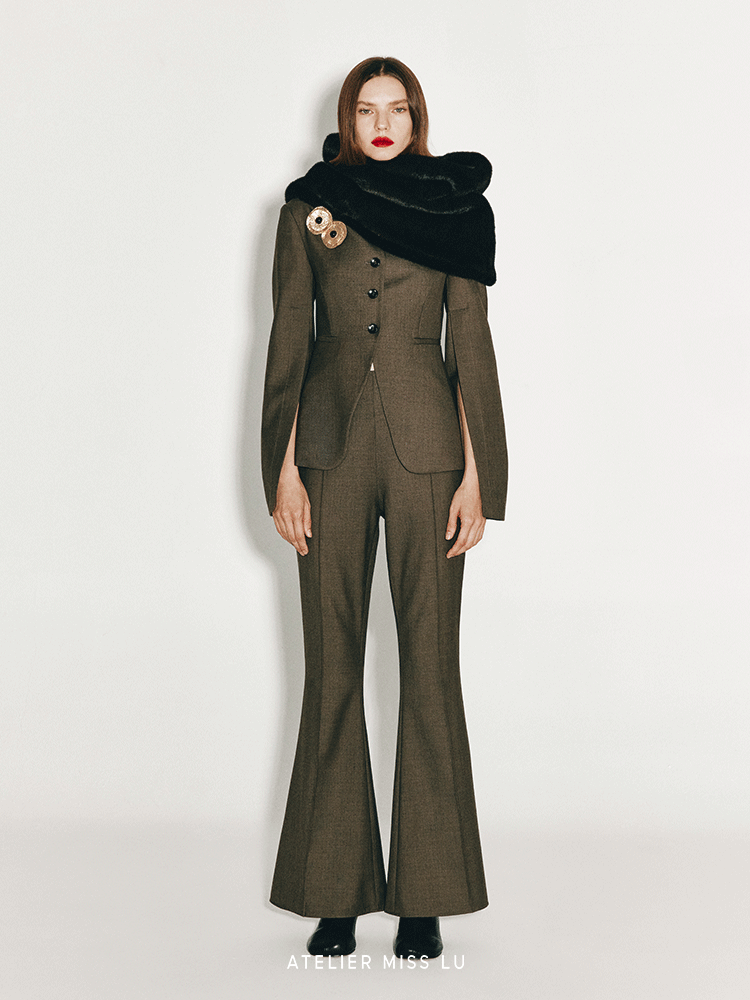ATELIER MISS LU Slit Sleeve Cinched Waist Wool Blazer - MORGAN.