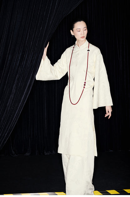 M essential Mackay designer jade carved jacquard bell sleeves cheongsam dress pant set - greg.