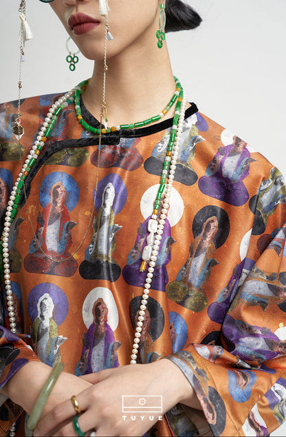 TUYUE Dunhuang mural printed Chinese morning long-sleeved robe- BENNY.