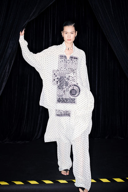 M essential Mackay designer Fubo tulle printed pavé embroidery stand-up collar shirt - LOVE.
