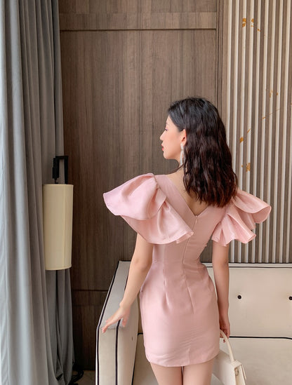 DOLLY Elegant V-Neck Short Flying Sleeve Hip Wrap Short Dinner Date Dress-KELA