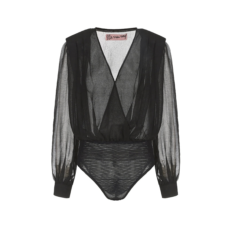 Le Palais Vintage Luxury Black Deep V-Neck Mesh Long Sleeve Top + Long Skirt-LING.