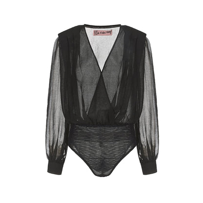 Le Palais Vintage Luxury Black Deep V-Neck Mesh Long Sleeve Top + Long Skirt-LING.