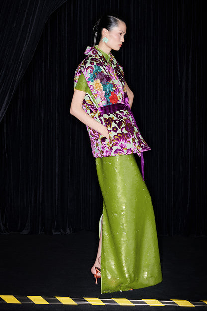 M essential Mackay luxury multi-color embroidered gilet vest top sequin green skirt - twelve