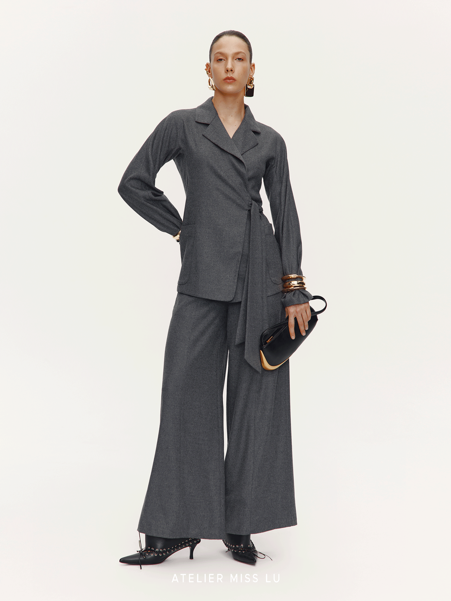 ATELIER MISS LU Sheep Wool Blend Wide-Leg Suit Pants - ISAN