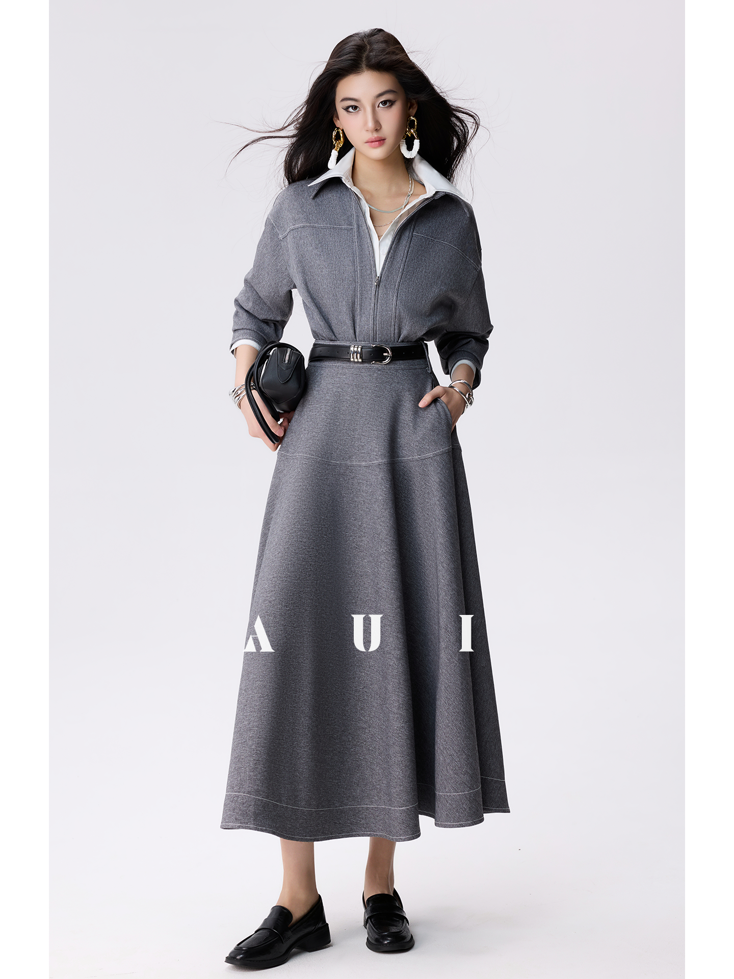 AUI Grey Double Ended Zipper Lapel Jacket Premium A-Line Two-Piece Suit Skirt - Yeong-Ja