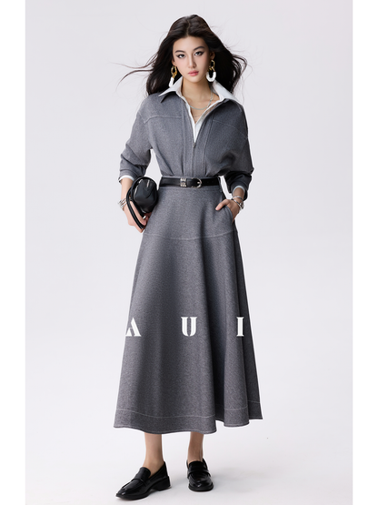 AUI Grey Double Ended Zipper Lapel Jacket Premium A-Line Two-Piece Suit Skirt - Yeong-Ja