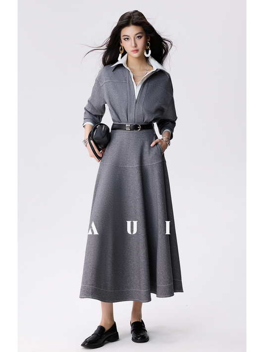 AUI Grey Double Ended Zipper Lapel Jacket Premium A-Line Two-Piece Suit Skirt - Yeong-Ja