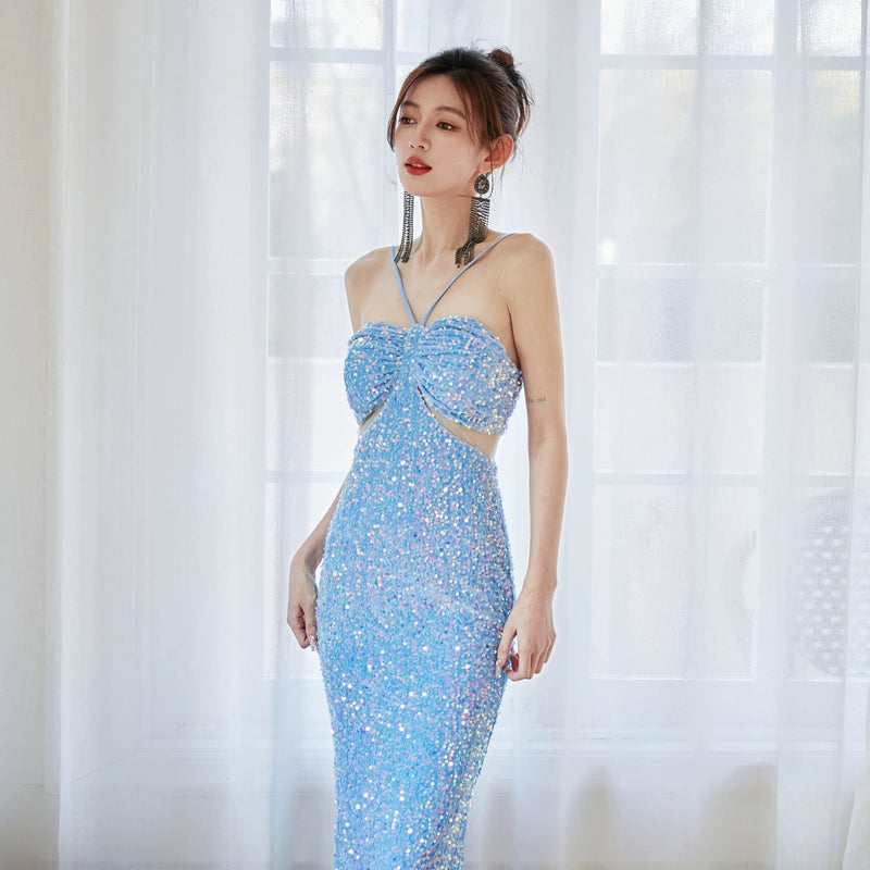 DOLLY Elegant Sequined Hollow Halter Neck Long Evening Dress-OLIVE