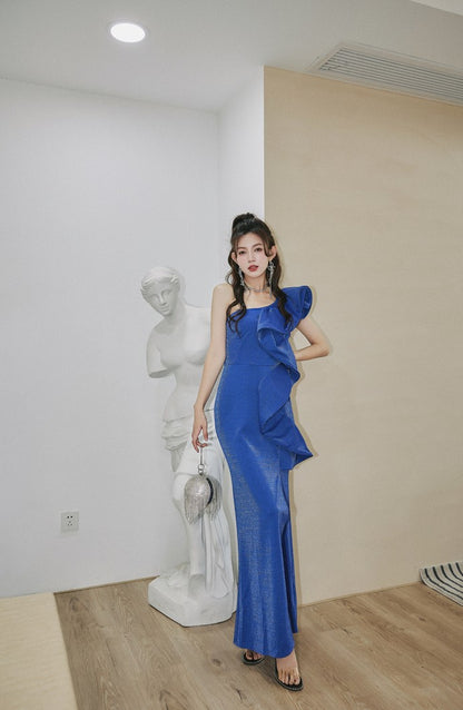 DOLLY Elegant Blue Retro Style Ruffled Off Shoulder Long Slim Fit Slit Dinner Dress-CHITA