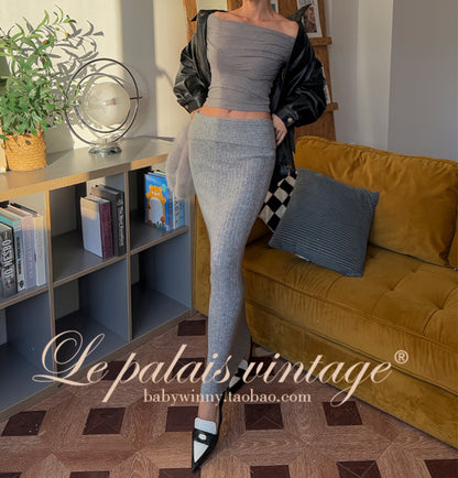 Le Palais Vintage Autumn/Winter Gray Wool Knit Wrap Long Skirt-FERA