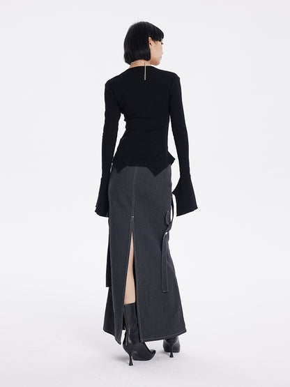 TINY IN bell sleeve square neck knitted top- guy
