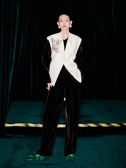 M essential Mackay designer embroidered stand-collar vest velvet top pant set - Niara