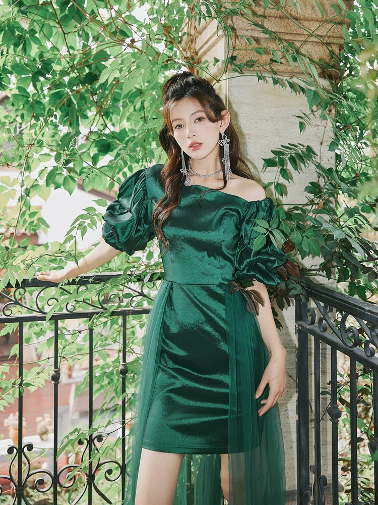 DOLLY Elegant Dark Green Retro Style Slant Collar Short Puff Sleeve Short Banquet Dress-CHITAH