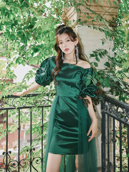 DOLLY Elegant Dark Green Retro Style Slant Collar Short Puff Sleeve Short Banquet Dress-CHITAH