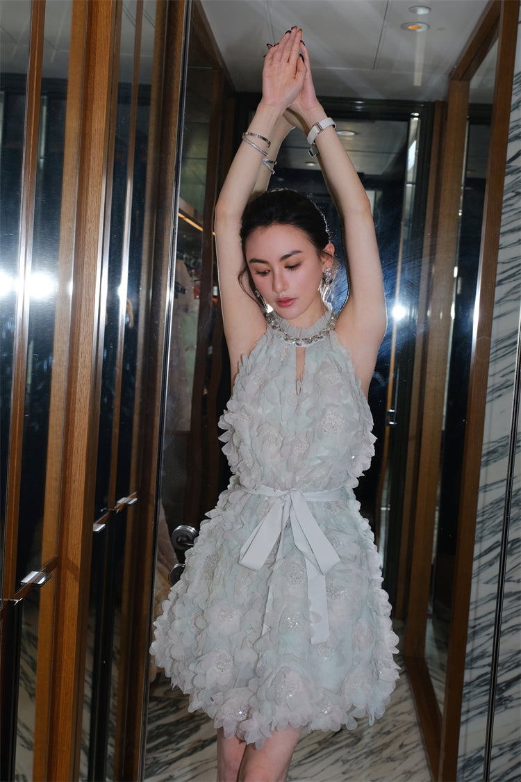 Wardrobes by Chen Luxury Pastel Green Ribbon Floral wedding guest bridal Dress-Onna