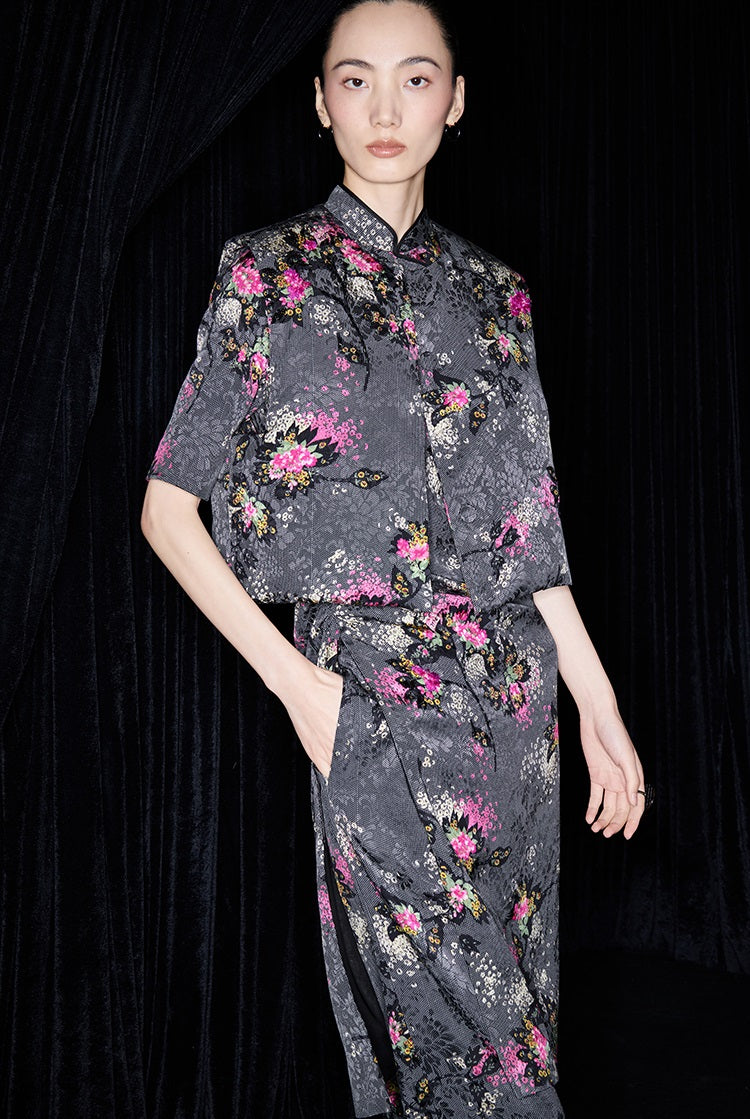 M essential Mackay designer cherry blossom print beads down short vest - LAND.