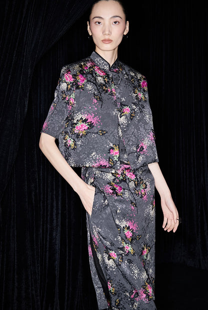 M essential Mackay designer cherry blossom print beads down short vest - LAND.