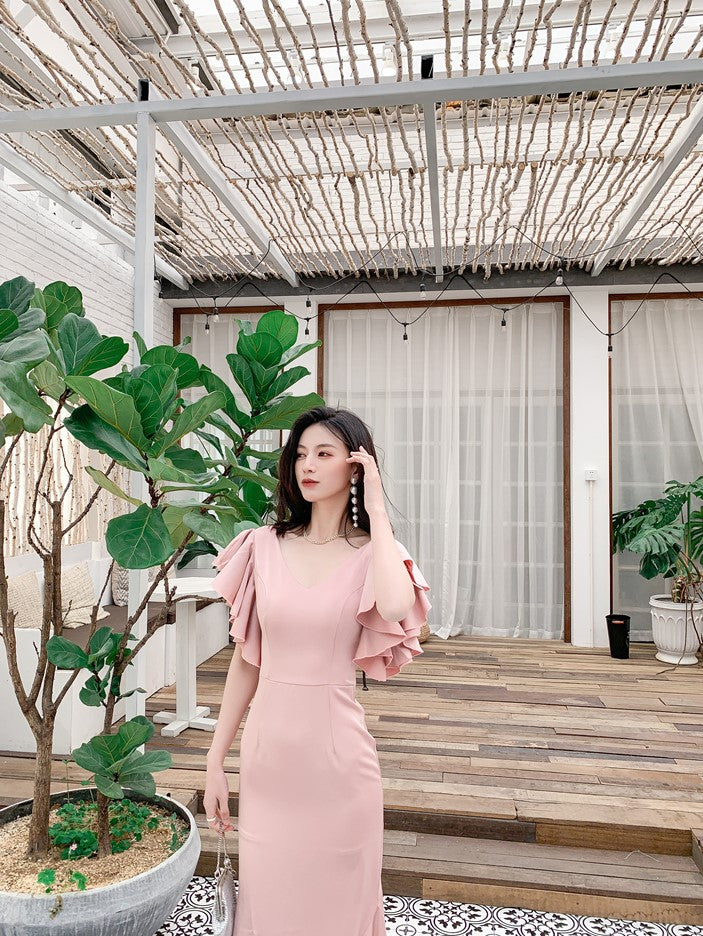 DOLLY Luxury Pink French Style V-Neck Ruffle Sleeve Long Wedding Guest Dress-MARON