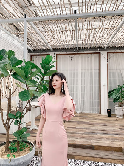 DOLLY Luxury Pink French Style V-Neck Ruffle Sleeve Long Wedding Guest Dress-MARON