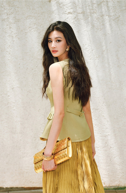 WANGXO |Custom Metal Buckle Round Neck Umbrella Hem Waist Vest- KIRA.