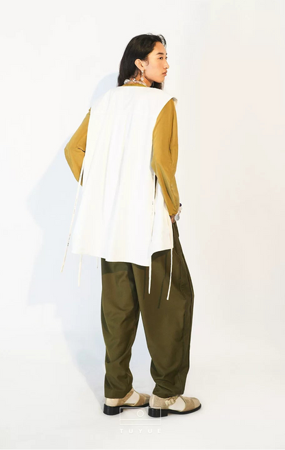 TUYUE Chinese style white middle side placket lace-up structure shoulder vest- LEVI