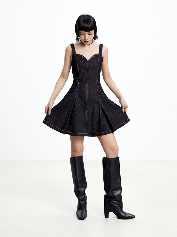 TINY IN topstitched denim women's summer short black dress -DAZE