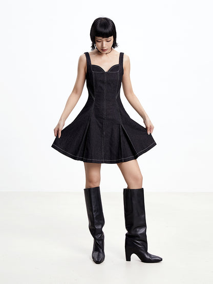 TINY IN topstitched denim women's summer short black dress -DAZE